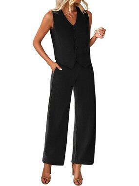 Women's Black Polyester Two Piece Button V Neck Wide Leg Pants Suit Blazer